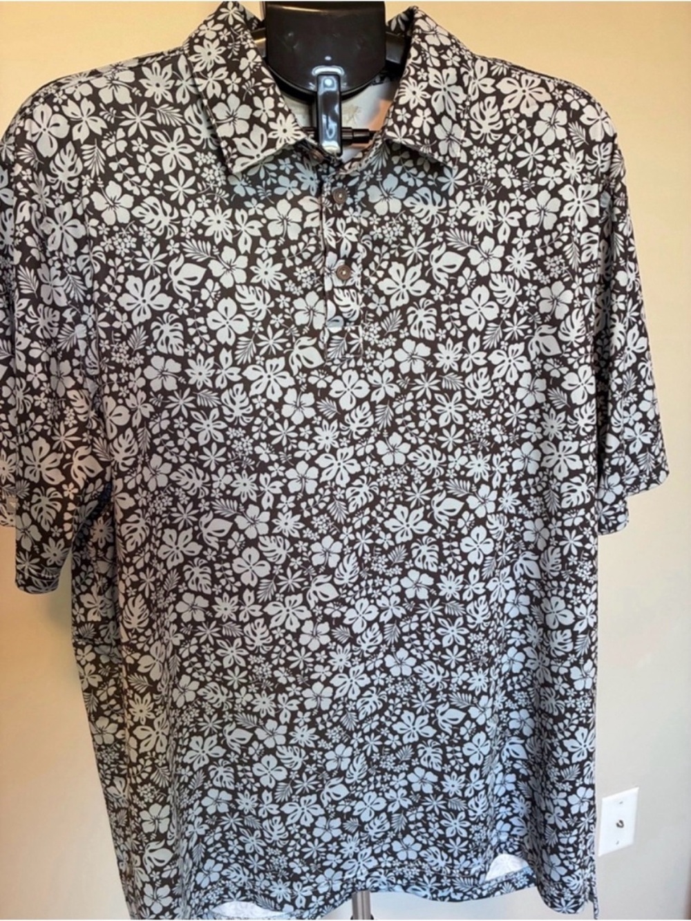 Straight Down Floral Polo Shirt Men’s Large Brown Blue Hawaiian Golf Performance